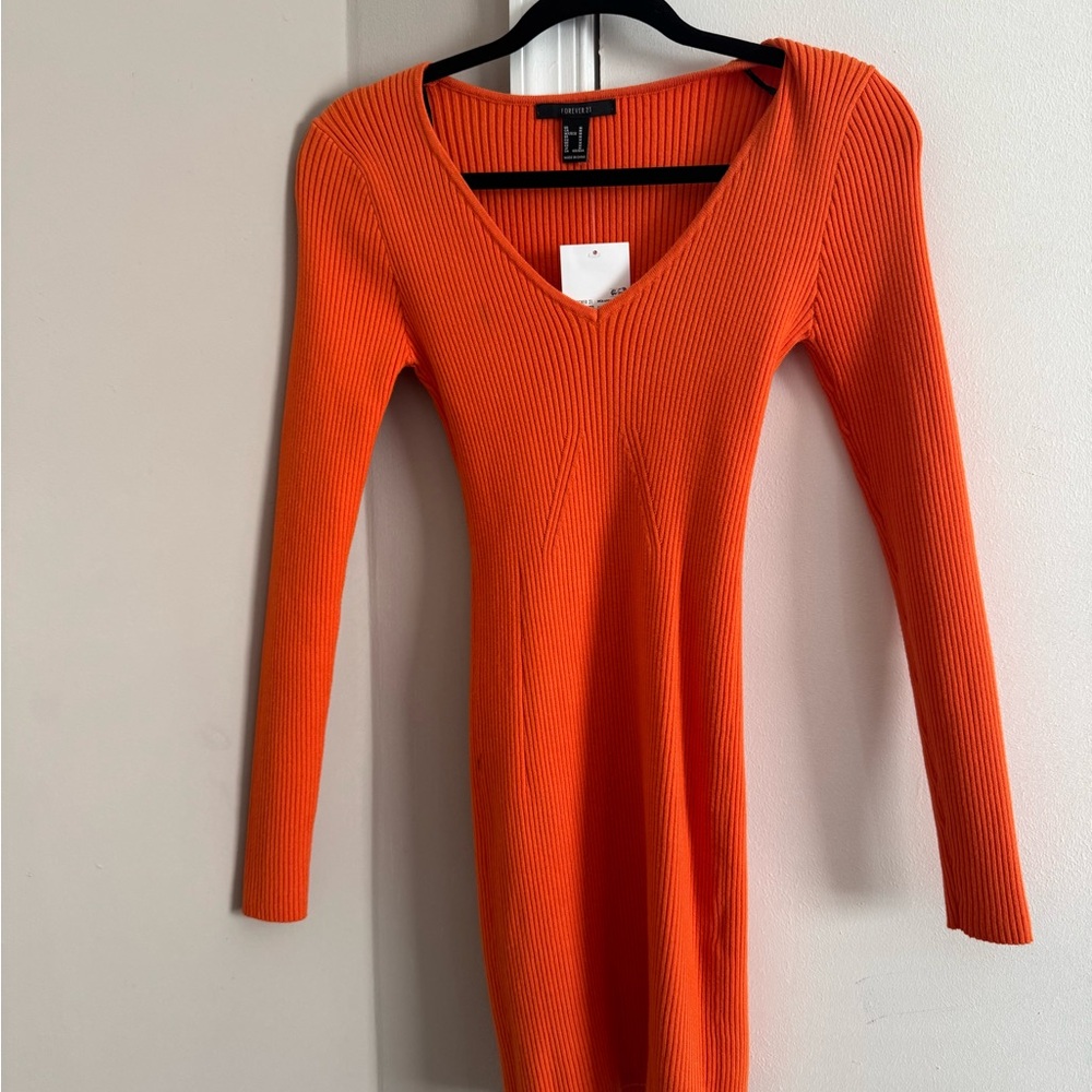 Orange Ribbed V-Neck Dress